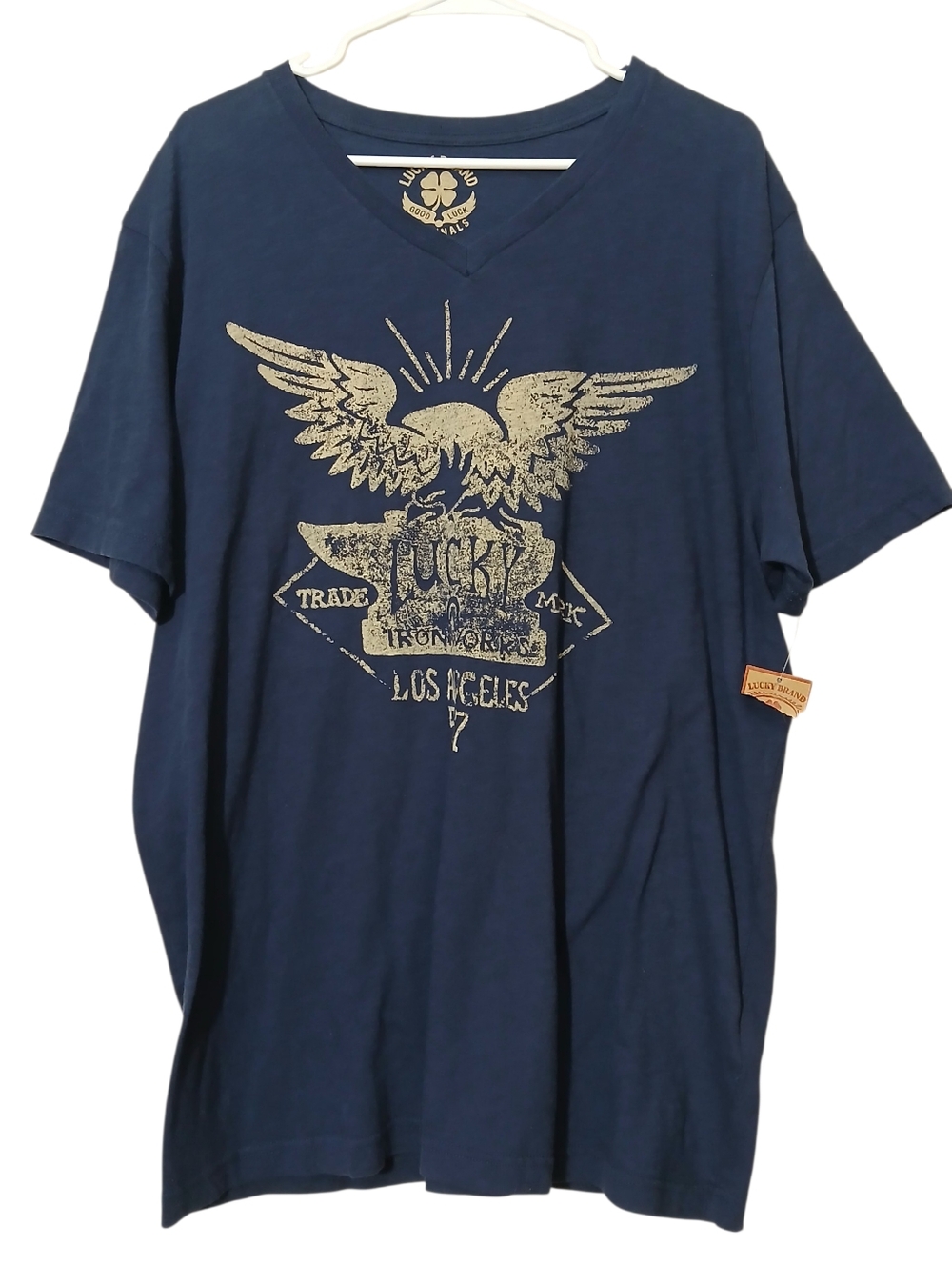 Lucky Brand Graphic T Shirt Los Angeles Ironworks Blue V Neck Short Sleeve NWT
